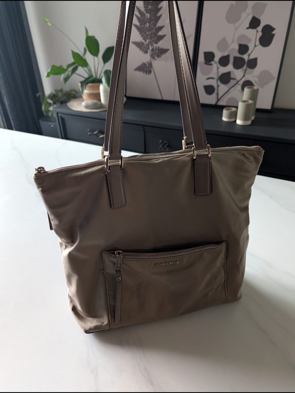 Michael Kors Taupe Nylon Tote with Front Zip Pocket and Leather Straps